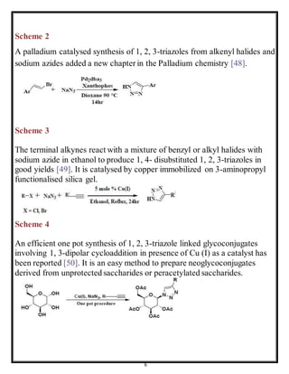 6
Scheme 2
A palladium catalysed synthesis of 1, 2, 3-triazoles from alkenyl halides and
sodium azides added a new chapter in the Palladium chemistry [48].
Scheme 3
The terminal alkynes react with a mixture of benzyl or alkyl halides with
sodium azide in ethanol to produce 1, 4- disubstituted 1, 2, 3-triazoles in
good yields [49]. It is catalysed by copper immobilized on 3-aminopropyl
functionalised silica gel.
Scheme 4
An efficient one pot synthesis of 1, 2, 3-triazole linked glycoconjugates
involving 1, 3-dipolar cycloaddition in presence of Cu (I) as a catalyst has
been reported [50]. It is an easy method to prepare neoglycoconjugates
derived from unprotected saccharides or peracetylated saccharides.
 