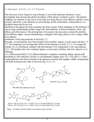 9
3. Anticancer Activity of 1,2,3 Triazoles
The discovery of new drugs for cancer therapy is one of the medicinal chemistry’s most
investigated areas because the global prevalence of this disease continues to grow. The greatest
challenge for scientists in this area is to develop new drugs that are more effective and have lower
toxicity. Selectivity is the dilemma in cancer therapy for the achievement of drug delivery to a
localized tumor and for an even
distribution throughout the body, including the tumor tissues. Other challenges in the treatment of
cancer using chemotherapy include drugs with short half-lives in blood circulation, fewer side
effects, and effectiveness. The development of research in this area aims to attack the problem
from different angles, such as chemotherapy conjugated with drug carriers to act as magic bullets
or to enhance
distribution of the drug molecule in the body [57].
Recently, several triazoles have been found to have activities against several cancer cell lines [58,
59]. The researchers are focusing their efforts on the anticancer activity [60–61] in compound
hybrids of 1,2,3-1H-triazole tethered with the β-lactam (115), triterpenoid (116), and chalcone
(117, 118) moieties that were evaluated against several cancer cell lines and were selective to A-
549(lung)
[62], chalcone-pyrrolo[2,1-c] [1,4]benzodiazepine conjugates containing alkane spacers with
promising in vitro anticancer activity in concentrations ranging from <0.1–2.92 μM [63]. These
compounds have also been screened on the apoptosis enzymes that regulate cellular programmed
cell death of unnecessary cells as shown in Fig. A [64, 65].
 