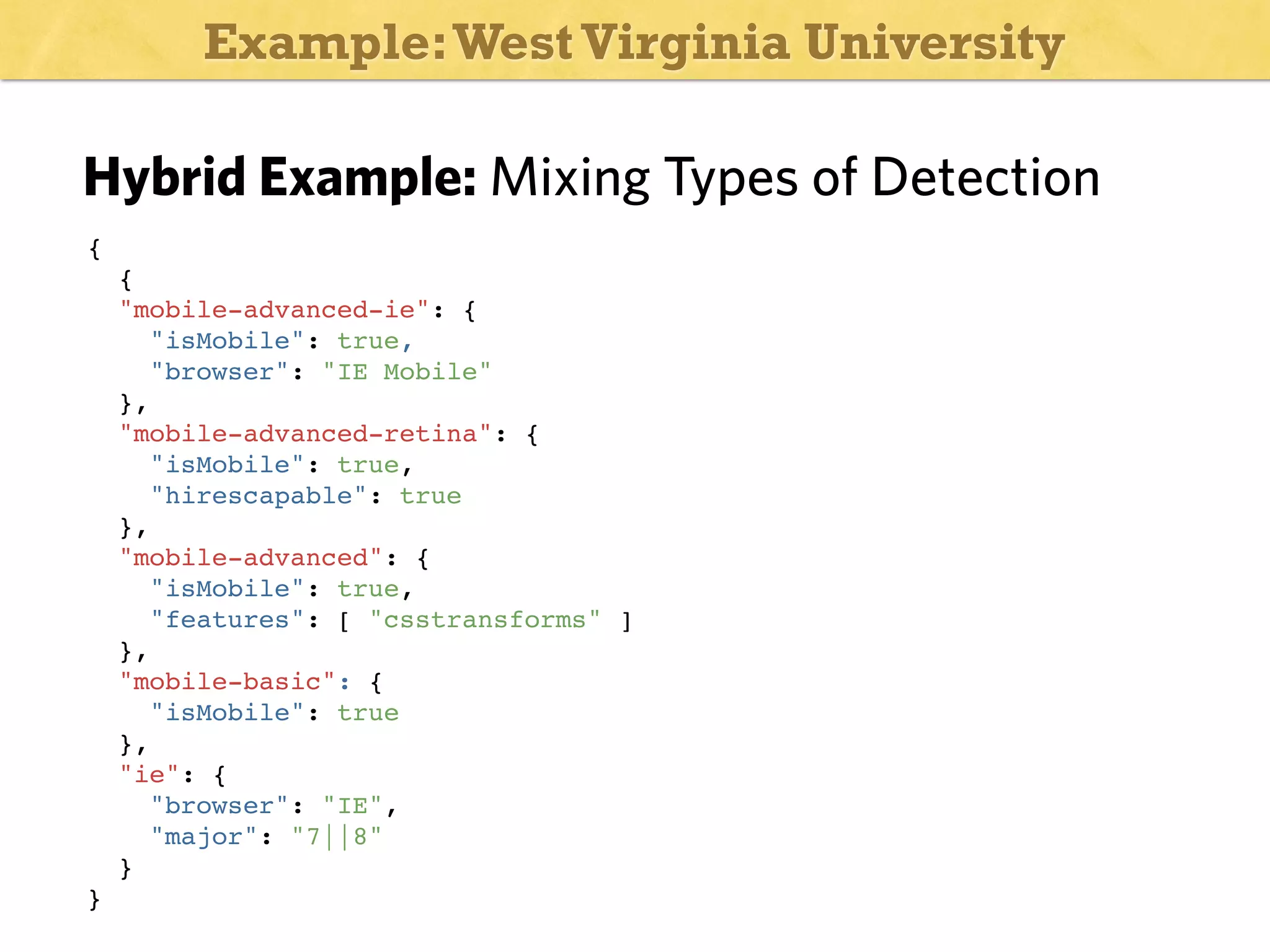 Example: West Virginia University

Hybrid Example: Mixing Types of Detection
{
{
"mobile-advanced-ie": {
"isMobile": true,
"browser": "IE Mobile"
},
"mobile-advanced-retina": {
"isMobile": true,
"hirescapable": true
},
"mobile-advanced": {
"isMobile": true,
"features": [ "csstransforms" ]
},
"mobile-basic": {
"isMobile": true
},
"ie": {
"browser": "IE",
"major": "7||8"
}
}

 