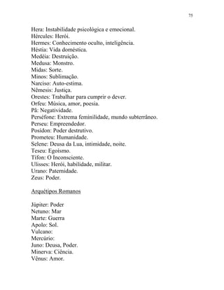 75
Hera: Instabilidade psicológica e emocional.
Hércules: Herói.
Hermes: Conhecimento oculto, inteligência.
Héstia: Vida doméstica.
Medéia: Destruição.
Medusa: Monstro.
Midas: Sorte.
Minos: Sublimação.
Narciso: Auto-estima.
Nêmesis: Justiça.
Orestes: Trabalhar para cumprir o dever.
Orfeu: Música, amor, poesia.
Pã: Negatividade.
Perséfone: Extrema feminilidade, mundo subterrâneo.
Perseu: Empreendedor.
Posídon: Poder destrutivo.
Prometeu: Humanidade.
Selene: Deusa da Lua, intimidade, noite.
Teseu: Egoísmo.
Tífon: O Inconsciente.
Ulisses: Herói, habilidade, militar.
Urano: Paternidade.
Zeus: Poder.
Arquétipos Romanos
Júpiter: Poder
Netuno: Mar
Marte: Guerra
Apolo: Sol.
Vulcano:
Mercúrio:
Juno: Deusa, Poder.
Minerva: Ciência.
Vênus: Amor.
 