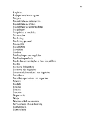 86
Logistas
Loja para cachorro e gato
Mágica
Manutenção de automóveis
Manutenção de aviões
Manutenção de computadores
Maquiagem
Maquinista e mecânico
Marceneiro
Marketing
Marketing pessoal
Massagem
Matemática
Mecânico
Médico
Meditação para os negócios
Meditação profunda
Medo das apresentações e falar em público
Medos
Memória fotográfica
Memória nos negócios
Mente muldimensional nos negócios
Metafísica
Metafísica para atuar nos negócios
Mímico
Modelo
Museus
Música
Músicos
Negociação
Ninja
Níveis multidimensionais
Novas idéias e brainstorming
Numerologia
Nutricionista
 