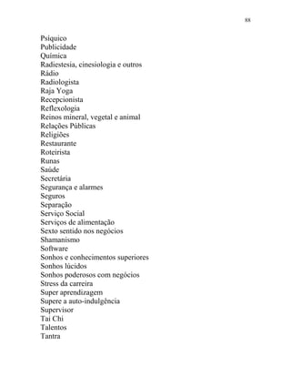 88
Psíquico
Publicidade
Química
Radiestesia, cinesiologia e outros
Rádio
Radiologista
Raja Yoga
Recepcionista
Reflexologia
Reinos mineral, vegetal e animal
Relações Públicas
Religiões
Restaurante
Roteirista
Runas
Saúde
Secretária
Segurança e alarmes
Seguros
Separação
Serviço Social
Serviços de alimentação
Sexto sentido nos negócios
Shamanismo
Software
Sonhos e conhecimentos superiores
Sonhos lúcidos
Sonhos poderosos com negócios
Stress da carreira
Super aprendizagem
Supere a auto-indulgência
Supervisor
Tai Chi
Talentos
Tantra
 