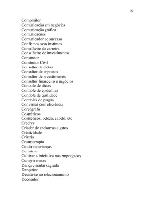 82
Compositor
Comunicação em negócios
Comunicação gráfica
Comunicações
Comunicador de sucesso
Confie nos seus instintos
Conselheiro de carreira
Conselheiro de investimentos
Construtor
Construtor Civil
Consultor de dietas
Consultor de impostos
Consultor de investimentos
Consultor financeiro e negócios
Controle de dietas
Controle de epidemias
Controle de qualidade
Controles de pragas
Conversar com eficiência
Coreógrafo
Cosméticos
Cosméticos, beleza, cabelo, etc
Creches
Criador de cachorros e gatos
Criatividade
Cristais
Cromoterapia
Cuidar de crianças
Culinária
Cultivar a iniciativa nos empregados
Cumprir metas
Dança circular sagrada
Dançarino
Decida-se no relacionamento
Decorador
 