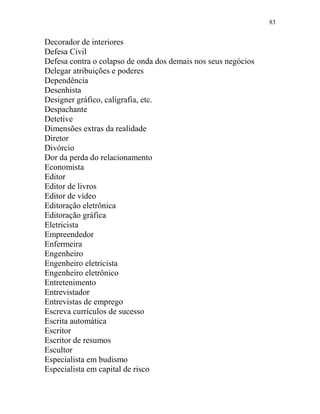 83
Decorador de interiores
Defesa Civil
Defesa contra o colapso de onda dos demais nos seus negócios
Delegar atribuições e poderes
Dependência
Desenhista
Designer gráfico, caligrafia, etc.
Despachante
Detetive
Dimensões extras da realidade
Diretor
Divórcio
Dor da perda do relacionamento
Economista
Editor
Editor de livros
Editor de vídeo
Editoração eletrônica
Editoração gráfica
Eletricista
Empreendedor
Enfermeira
Engenheiro
Engenheiro eletricista
Engenheiro eletrônico
Entretenimento
Entrevistador
Entrevistas de emprego
Escreva currículos de sucesso
Escrita automática
Escritor
Escritor de resumos
Escultor
Especialista em budismo
Especialista em capital de risco
 