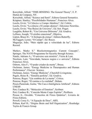 132
Korzybski, Alfred; “TIME-BINDING: The General Theory”, E. P.
Dutton & Company, NY.
Korzybski, Alfred; “Science and Sanit”, Editora General Semantics.
Krippner, Stanley; “Possibilidades Humanas”, Francisco Alves.
Laszlo, Ervin; “A Ciência e o Campo Akáshico”, Ed. Cultrix.
Laszlo, Ervin; “La ciência y El campo akásico”, Ediciones Nowtilus.
Laszlo, Ervin; “Nas Raízes do Universo”, Ed. Inst. Piaget.
Laughlin, Robert B.; “Um Universo Diferente”, Ed. Gradiva.
LeDoux, Joseph; “O cérebro emocional”, Objetiva.
Lipton, Bruce H.; “A biologia da crença”, Editora Butterfly.
McTaggart, Lynne; “O Campo”, Ed. Rocco.
Magueijo, João; “Mais rápido que a velocidade da luz”, Editora
Record.
Markov, Marko S.” Bioelectromagnetics Current Concepts”,
Springer, The NATO Programme for Security through Science.
Natale, Adriano A.; “O universe sem mistério”, Vieira & Lent.
Nicolson, Lain; “Gravidade, buracos negros e o universe”, Editora
Francisco Alves.
Osborn, Alex F.; “O poder criador da mente”, Ibrasa.
Oschman, James; “Energy Medicine in Theurapeutics and Human
Performance”, Elsevier Science.
Oschman, James; “Energy Medicine”, Churchill Livingstone.
Pagels, Heinz R.; “Simetria perfeita”, Ed. Gradiva.
Penrose, Roger; “Lãs sombras de La mente”, Critica.
Penrose, Roger; “El camino a La realidad”, Debate.
Pessis-Pasternak, Guitta; “Do Caos à Inteligência Artificial”, Editora
UNESP.
Pert, Candace B.; “Molecules of Emotion”, Scribner.
Pert, Candace B.; “Conexão Mente Corpo Espírito”, Prolibera.
Pessoa Jr., Osvaldo; “Conceitos de Física Quântica”, Livraria de
Física Editora.
Powell, Corey S.; “A Equação de Deus”, ARX.
Pribam, Karl H.; “Origins Brain and Self Organization”, Routledge
Taylos & Francis Group.
 