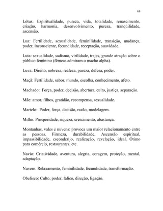 68
Lótus: Espiritualidade, pureza, vida, totalidade, renascimento,
criação, harmonia, desenvolvimento, pureza, tranqüilidade,
ascensão.
Lua: Fertilidade, sexualidade, feminilidade, transição, mudança,
poder, inconsciente, fecundidade, receptação, suavidade.
Luta: sexualidade, sadismo, virilidade, trajes, grande atração sobre o
público feminino (fêmeas admiram o macho alpha).
Luva: Direito, nobreza, realeza, pureza, defesa, poder.
Maçã: Fertilidade, sabor, mundo, escolha, conhecimento, afeto.
Machado: Força, poder, decisão, abertura, culto, justiça, separação.
Mãe: amor, filhos, gratidão, recompensa, sexualidade.
Martelo: Poder, força, decisão, razão, modelagem.
Milho: Prosperidade, riqueza, crescimento, abastança.
Montanhas, vales e nuvens: provoca um maior relacionamento entre
as pessoas. Firmeza, durabilidade. Ascensão espiritual,
impassibilidade, esconderijo, realização, revelação, ideal. Ótimo
para comércio, restaurantes, etc.
Navio: Criatividade, aventura, alegria, coragem, proteção, mental,
adaptação.
Nuvem: Relaxamento, feminilidade, fecundidade, transformação.
Obelisco: Culto, poder, fálico, direção, ligação.
 