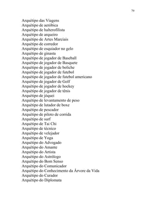 79
Arquétipo das Viagens
Arquétipo de aeróbica
Arquétipo de halterofilista
Arquétipo de arqueiro
Arquétipo de Artes Marciais
Arquétipo de corredor
Arquétipo de esquiador no gelo
Arquétipo de ginasta
Arquétipo de jogador de Baseball
Arquétipo de jogador de Basquete
Arquétipo de jogador de boliche
Arquétipo de jogador de futebol
Arquétipo de jogador de futebol americano
Arquétipo de jogador de Golf
Arquétipo de jogador de hockey
Arquétipo de jogador de tênis
Arquétipo de jóquei
Arquétipo de levantamento de peso
Arquétipo de lutador de boxe
Arquétipo de pescador
Arquétipo de piloto de corrida
Arquétipo de surf
Arquétipo de Tai Chi
Arquétipo de técnico
Arquétipo de velejador
Arquétipo de Yoga
Arquétipo do Advogado
Arquétipo do Amante
Arquétipo do Artista
Arquétipo do Astrólogo
Arquétipo do Bom Senso
Arquétipo do Comunicador
Arquétipo do Conhecimento da Árvore da Vida
Arquétipo do Curador
Arquétipo do Diplomata
 