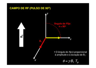Z’
Ângulo de Flip:
θθθθ = 90o
CAMPO DE RF (PULSO DE 90O)
X’
Y’
B0
B1
O ângulo do flip é proporcional
à amplitude e à duração de B1:
θ ≈≈≈≈ γ B1 Tp
 