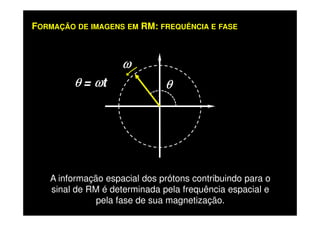 FORMAÇÃO DE IMAGENS EM RM: FREQUÊNCIA E FASE
θθθθ
ωωωω
θθθθ = ωωωωt
A informação espacial dos prótons contribuindo para o
sinal de RM é determinada pela frequência espacial e
pela fase de sua magnetização.
 