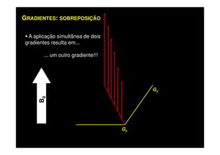 GRADIENTES: SOBREPOSIÇÃO
A aplicação simultânea de dois
gradientes resulta em...
... um outro gradiente!!!
Gy
B0
Gx
 