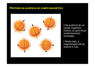 Na ausência de um
campo magnético
intenso, os spins ficam
randomicamente
PRÓTONS NA AUSÊNCIA DE CAMPO MAGNÉTICO
randomicamente
orientados.
Neste caso, a
magnetização (M) do
sistema é nula.
 