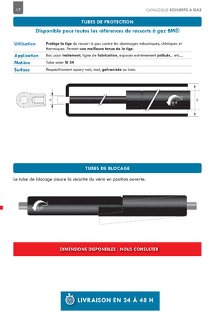 17 CATALOGUE RESSORTS À GAZ
D1
D
du ressort à gaz contre les dommages mécaniques, chimiques et
thermiques. Permet .
Bac pour , ligne de , espaces extrêmement ... etc....
Tube acier
Respectivement epoxy noir, mat, ou inox.
Le tube de blocage assure la sécurité du vérin en position ouverte.
 