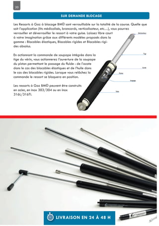 20
Les Ressorts à Gaz à blocage BM© sont verrouillable sur la totalité de la course. Quelle que
soit l’application (lits médicalisés, brancards, verticalisateur, etc…), vous pourrez
verrouiller et déverrouiller le ressort à votre guise. Laissez libre court
à votre imagination grâce aux différents modèles proposés dans la
gamme : Blocables élastiques, Blocables rigides et Blocables rigi-
des absolus.
En actionnant la commande de soupape intégrée dans la
tige du vérin, vous actionnerez l’ouverture de la soupape
dans le cas des blocables élastiques et de l’huile dans
le cas des blocables rigides. Lorsque vous relâchez la
commande le ressort se bloquera en position.
Les ressorts à Gaz BM© peuvent être construits
en acier, en inox 303/304 ou en inox
316L/316Ti.
 