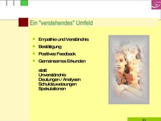Ein "verstehendes" Umfeld  Empathie und Verständnis Bestätigung  Positives Feedback Gemeinsames Erkunden statt Unverständnis Deutungen / Analysen Schuldzuweisungen Spekulationen 