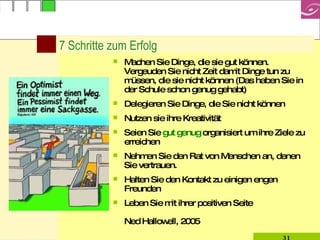 7 Schritte zum Erfolg Machen Sie Dinge, die sie gut können. Vergeuden Sie nicht Zeit damit Dinge tun zu müssen, die sie nicht können (Das haben Sie in der Schule schon genug gehabt) Delegieren Sie Dinge, die Sie nicht können Nutzen sie ihre Kreativität Seien Sie  gut genug  organisiert um ihre Ziele zu erreichen Nehmen Sie den Rat von Menschen an, denen Sie vertrauen.  Halten Sie den Kontakt zu einigen engen Freunden Leben Sie mit ihrer positiven Seite Ned Hallowell, 2005 