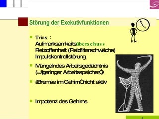 Störung der Exekutivfunktionen   Trias :   Aufmerksamkeits überschuss Reizoffenheit (Reizfilterschwäche) Impulskontrollstörung Mangelndes Arbeitsgedächtnis (=„geringer Arbeitsspeicher“) „ Bremse im Gehirn“ nicht aktiv Impotenz des Gehirns 