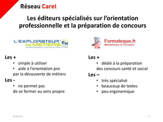 Les éditeurs spécialisés sur l’orientation
professionnelle et la préparation de concours
09/10/2019 13
Les +
• dédié à la préparation
des concours santé et social
Les –
• très spécialisé
• beaucoup de textes
• peu ergonomique
Les +
• simple à utiliser
• aide à l’orientation pro
par la découverte de métiers
Les -
• ne permet pas
de se former au sens propre
 