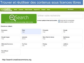 Trouver et réutiliser des contenus sous licences libres 
http://search.creativecommons.org 
 