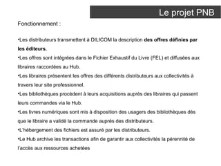 Le projet PNB 
Fonctionnement : 
•Les distributeurs transmettent à DILICOM la description des offres définies par 
les éditeurs. 
•Les offres sont intégrées dans le Fichier Exhaustif du Livre (FEL) et diffusées aux 
libraires raccordées au Hub. 
•Les libraires présentent les offres des différents distributeurs aux collectivités à 
travers leur site professionnel. 
•Les bibliothèques procèdent à leurs acquisitions auprès des libraires qui passent 
leurs commandes via le Hub. 
•Les livres numériques sont mis à disposition des usagers des bibliothèques dès 
que le libraire a validé la commande auprès des distributeurs. 
•L’hébergement des fichiers est assuré par les distributeurs. 
•Le Hub archive les transactions afin de garantir aux collectivités la pérennité de 
l’accès aux ressources achetées 
 
