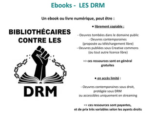 ● librement copiable :
- Oeuvres tombées dans le domaine public
- Oeuvres contemporaines
(proposée au téléchargement libre)
- Oeuvres publiées sous Creative commons
(ou tout autre licence libre)
=> ces ressources sont en général
gratuites
● en accès limité :
- Oeuvres contemporaines sous droit,
protégée sous DRM
ou accessibles uniquement en streaming
=> ces ressources sont payantes,
et de prix très variables selon les ayants droits
Ebooks - LES DRM
Un ebook ou livre numérique, peut être :
 
