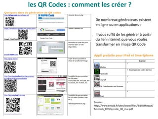 les QR Codes : comment les créer ?
De nombreux générateurs existent
en ligne ou en applications :
Il vous suffit de les générer à partir
du lien internet que vous voulez
transformer en image QR Code
Source :
http://www.enssib.fr/sites/www/files/Bibliotheque/
Tutoriels_RDV/qrcode_30_mai.pdf
 