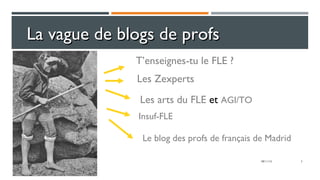 3
La vague de blogs de profsLa vague de blogs de profs
T’enseignes-tu le FLE ?
Les Zexperts
Les arts du FLE et AGI/TO
Insuf-FLE
Le blog des profs de français de Madrid
08/11/16