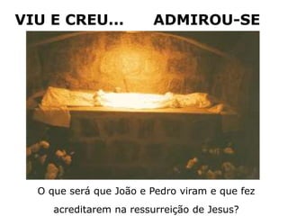 VIU E CREU... ADMIROU-SE
O que será que João e Pedro viram e que fez
acreditarem na ressurreição de Jesus?
 