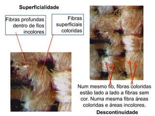 Superficialidade
Fibras superficiais
coloridas
Fibras profundas dentro
de fios incolores
Num mesmo fio, fibras coloridas
estão lado a lado a fibras sem cor.
Numa mesma fibra áreas coloridas e
áreas incolores.
Descontinuidade
 
