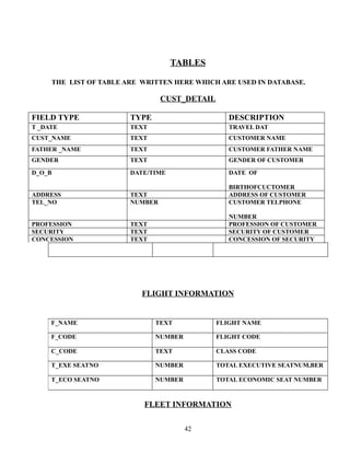 TABLES
THE LIST OF TABLE ARE WRITTEN HERE WHICH ARE USED IN DATABASE.
CUST_DETAIL
FIELD TYPE TYPE DESCRIPTION
T _DATE TEXT TRAVEL DAT
CUST_NAME TEXT CUSTOMER NAME
FATHER _NAME TEXT CUSTOMER FATHER NAME
GENDER TEXT GENDER OF CUSTOMER
D_O_B DATE/TIME DATE OF
BIRTHOFCUCTOMER
ADDRESS TEXT ADDRESS OF CUSTOMER
TEL_NO NUMBER CUSTOMER TELPHONE
NUMBER
PROFESSION TEXT PROFESSION OF CUSTOMER
SECURITY TEXT SECURITY OF CUSTOMER
CONCESSION TEXT CONCESSION OF SECURITY
FLIGHT INFORMATION
FLEET INFORMATION
F_NAME TEXT FLIGHT NAME
F_CODE NUMBER FLIGHT CODE
C_CODE TEXT CLASS CODE
T_EXE SEATNO NUMBER TOTAL EXECUTIVE SEATNUM,BER
T_ECO SEATNO NUMBER TOTAL ECONOMIC SEAT NUMBER
42
 