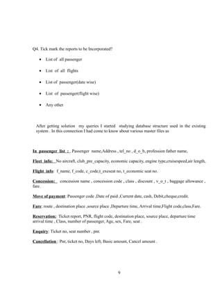 Q4. Tick mark the reports to be Incorporated?
• List of all passenger
• List of all flights
• List of passenger(date wise)
• List of passenger(flight wise)
• Any other
After getting solution my queries I started studying database structure used in the existing
system . In this connection I had come to know about various master files as
In passenger list : Passenger name,Address , tel_no , d_o_b, profession father name,
Fleet info: No aircraft, club_pre_capacity, economic capacity, engine type,cruisespeed,air length,
Flight info: f_name, f_code, c_code,t_exeseat no, t_economic seat no.
Concession: concession name , concession code , class , discount , v_o_t , baggage allowance ,
fare.
Move of payment: Passenger code ,Date of paid ,Current date, cash, Debit,cheque,credit.
Fare: route , destination place ,source place ,Departure time, Arrival time,Flight code,class,Fare.
Reservation: Ticket report, PNR, flight code, destination place, source place, departure time
arrival time , Class, number of passenger, Age, sex, Fare, seat .
Enquiry: Ticket no, seat number , pnr.
Cancellation : Pnr, ticket no, Days left, Basic amount, Cancel amount .
9
 