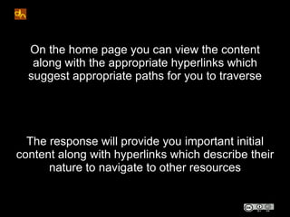 On the home page you can view the content
   along with the appropriate hyperlinks which
  suggest appropriate paths for you to traverse




  The response will provide you important initial
content along with hyperlinks which describe their
      nature to navigate to other resources
 