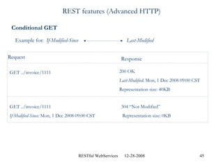 REST features (Advanced HTTP) Conditional GET Example for:  If-Modified-Since  Last-Modified  GET ../invoice/1111 200 OK Last-Modified : Mon, 1 Dec 2008 09:00 CST Representation size: 40KB GET ../invoice/1111 If-Modified-Since:  Mon, 1 Dec 2008 09:00 CST 304 “Not Modified” Representation size: 0KB Request Response 