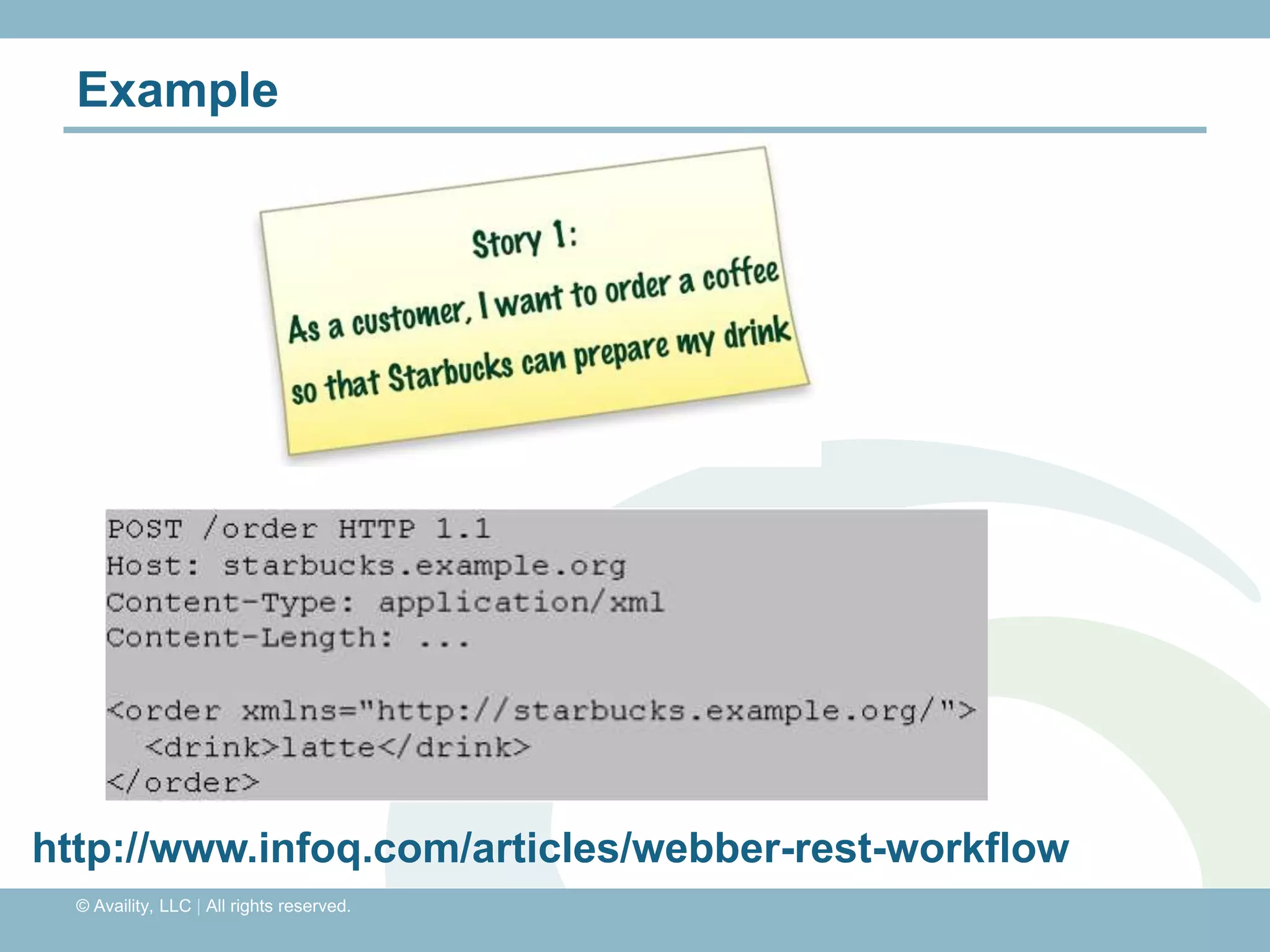 Example




http://www.infoq.com/articles/webber-rest-workflow
  © Availity, LLC | All rights reserved.
 