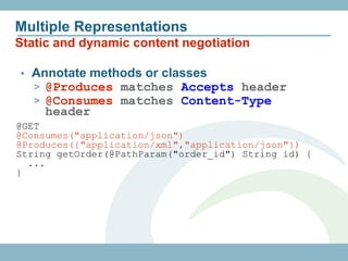 Multiple Representations
Static and dynamic content negotiation

• Annotate methods or classes
  > @Produces matches Accepts header
  > @Consumes matches Content-Type
     header
@GET
@Consumes("application/json")
@Produces({"application/xml","application/json"})
String getOrder(@PathParam("order_id") String id) {
  ...
}
 