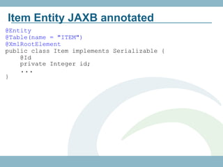 Item Entity JAXB annotated
@Entity
@Table(name = "ITEM")
@XmlRootElement
public class Item implements Serializable {
    @Id
    private Integer id;
    ...
}
 