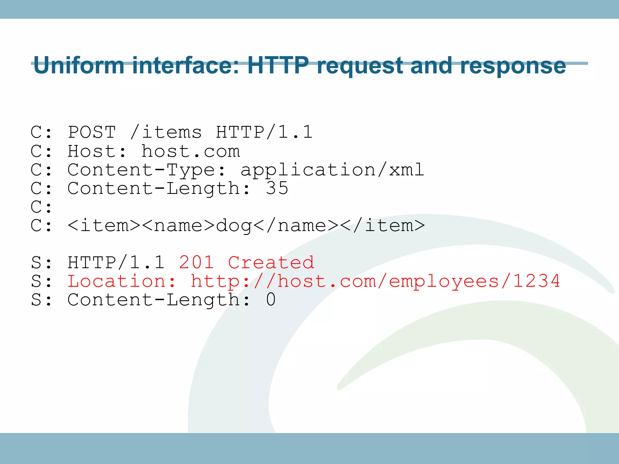 Uniform interface: HTTP request and response

C:   POST /items HTTP/1.1
C:   Host: host.com
C:   Content-Type: application/xml
C:   Content-Length: 35
C:
C:   <item><name>dog</name></item>
S: HTTP/1.1 201 Created
S: Location: http://host.com/employees/1234
S: Content-Length: 0
 