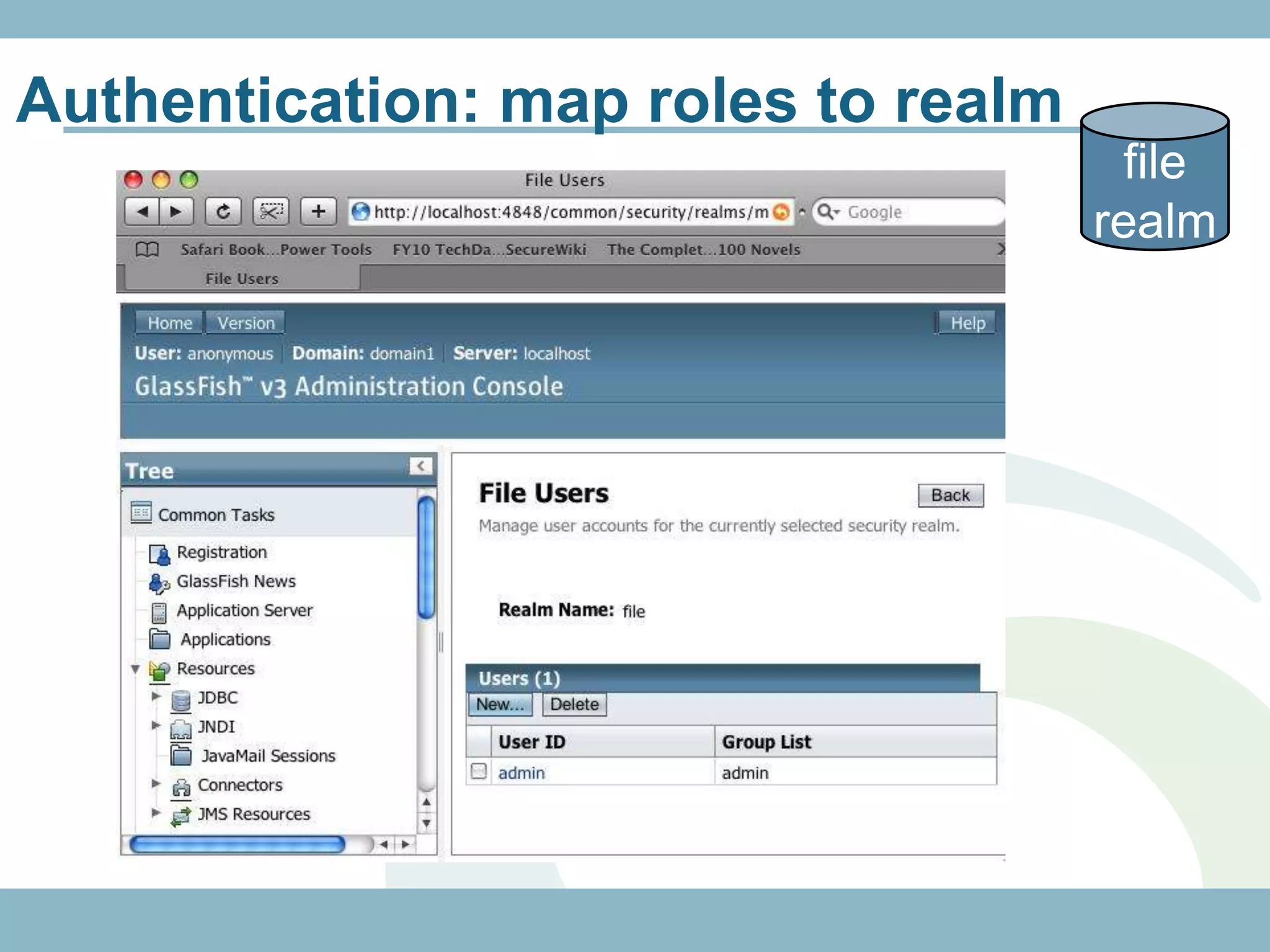 Authentication: map roles to realm
                                      file
                                     realm
 