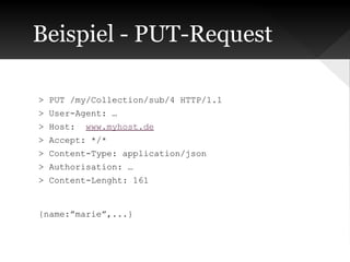 Beispiel - PUT-Request
> PUT /my/Collection/sub/4 HTTP/1.1
> User-Agent: …
> Host:

www.myhost.de

> Accept: */*
> Content-Type: application/json
> Authorisation: …
> Content-Lenght: 161

{name:”marie”,...}

 