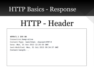 HTTP Basics - Response

HTTP - Header
HTTP/1.1 200 OK
Connection:keep-alive
Content-Type: text/html; charset=UTF-8
Date: Mon, 21 Oct 2013 12:20:55 GMT
Last-Modified: Mon, 21 Oct 2013 08:34:57 GMT
Content-Length: …

 