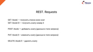 REST. Requests
GET /book/ — получить список всех книг
GET /book/3/ — получить книгу номер 3
POST /book/ — добавить книгу (данные в теле запроса)
PUT /book/3 – изменить книгу (данные в теле запроса)
DELETE /book/3 – удалить книгу
 