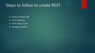 Steps to follow to create REST
 Resource Based URI
 HTTP Methods
 HTTP Status Code
 Message Headers.
 