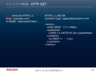 エントリの取得 HTTP GET GET  /entry/0 HTTP/1.1 Host: example.com X-WSSE: UsernameToken… HTTP/1.1 200 OK Content-Type: application/atom+xml <entry> <title>REST  入門 </title> <published >2005-11-24T23:01:01</published> <content> <p>REST は … </p> </content> </entry> 