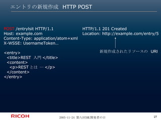 エントリの新規作成 HTTP POST HTTP/1.1 201 Created Location: http://example.com/entry/5 POST  /entrylsit HTTP/1.1 Host: example.com Content-Type: application/atom+xml X-WSSE: UsernameToken… <entry> <title>REST  入門 </title> <content> <p>REST とは … </p> </content> </entry> 新規作成されたリソースの  URI 
