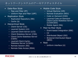 ネットワークシステムのアーキテクチャスタイル Data-flow Style Pipe and Filter (PF) Uniform Pipe and Filter (UPF) Replication Style Replicated Repository (RR) Cache ($) Hierarchical Style Client-Server (CS) Layered System (LS) Layered Client-Server (LCS) Client-Stateless-Server (CSS) Client-Cache-Stateless-Server (C$SS) Layered-Client-Cache-Stateless-Server (LC$SS) Remote Session (RS) Remote Data Access (RDA) Mobile Code Style Virtual Machine (VM) Remote Evaluation (REV) Code on Demand (COD) Layered-Code-on-Demand-Client-Cache-Stateless-Server (LCODC$SS) Mobile Agent (MA) Peer-to-Peer Style Event-based Integration (EBI) C2 Distributed Object (DO) Brokered Distributed Object (BDO) Rest Uniform interface (U) 