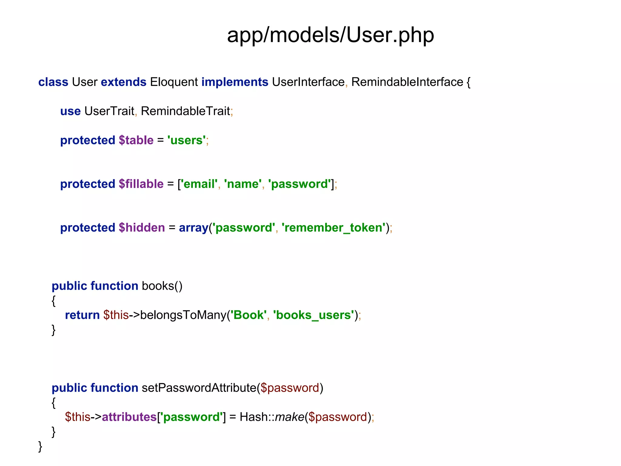 app/models/User.php 
class User extends Eloquent implements UserInterface, RemindableInterface { 
use UserTrait, RemindableTrait; 
protected $table = 'users'; 
protected $fillable = ['email', 'name', 'password']; 
protected $hidden = array('password', 'remember_token'); 
public function books() 
{ 
return $this->belongsToMany('Book', 'books_users'); 
} 
public function setPasswordAttribute($password) 
{ 
$this->attributes['password'] = Hash::make($password); 
} 
} 
 