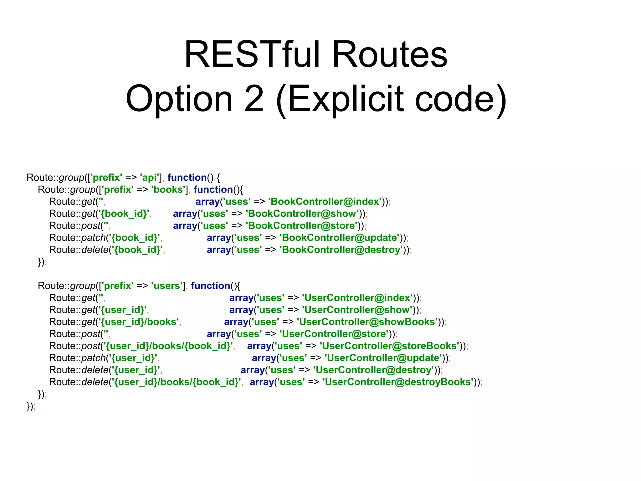 RESTful Routes 
Option 2 (Explicit code) 
Route::group(['prefix' => 'api'], function() { 
Route::group(['prefix' => 'books'], function(){ 
Route::get('', array('uses' => 'BookController@index')); 
Route::get('{book_id}', array('uses' => 'BookController@show')); 
Route::post('', array('uses' => 'BookController@store')); 
Route::patch('{book_id}', array('uses' => 'BookController@update')); 
Route::delete('{book_id}', array('uses' => 'BookController@destroy')); 
}); 
Route::group(['prefix' => 'users'], function(){ 
Route::get('', array('uses' => 'UserController@index')); 
Route::get('{user_id}', array('uses' => 'UserController@show')); 
Route::get('{user_id}/books', array('uses' => 'UserController@showBooks')); 
Route::post('', array('uses' => 'UserController@store')); 
Route::post('{user_id}/books/{book_id}', array('uses' => 'UserController@storeBooks')); 
Route::patch('{user_id}', array('uses' => 'UserController@update')); 
Route::delete('{user_id}', array('uses' => 'UserController@destroy')); 
Route::delete('{user_id}/books/{book_id}', array('uses' => 'UserController@destroyBooks')); 
}); 
}); 
 