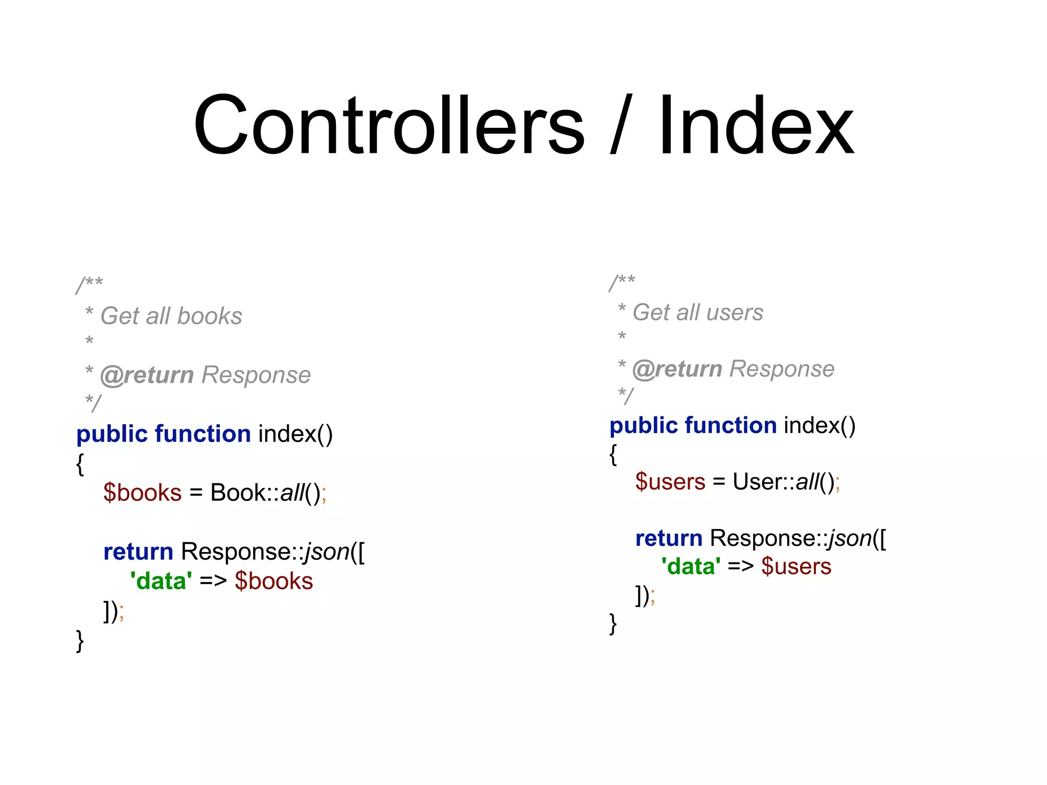 Controllers / Index 
/** 
* Get all books 
* 
* @return Response 
*/ 
public function index() 
{ 
$books = Book::all(); 
return Response::json([ 
'data' => $books 
]); 
} 
/** 
* Get all users 
* 
* @return Response 
*/ 
public function index() 
{ 
$users = User::all(); 
return Response::json([ 
'data' => $users 
]); 
} 
 