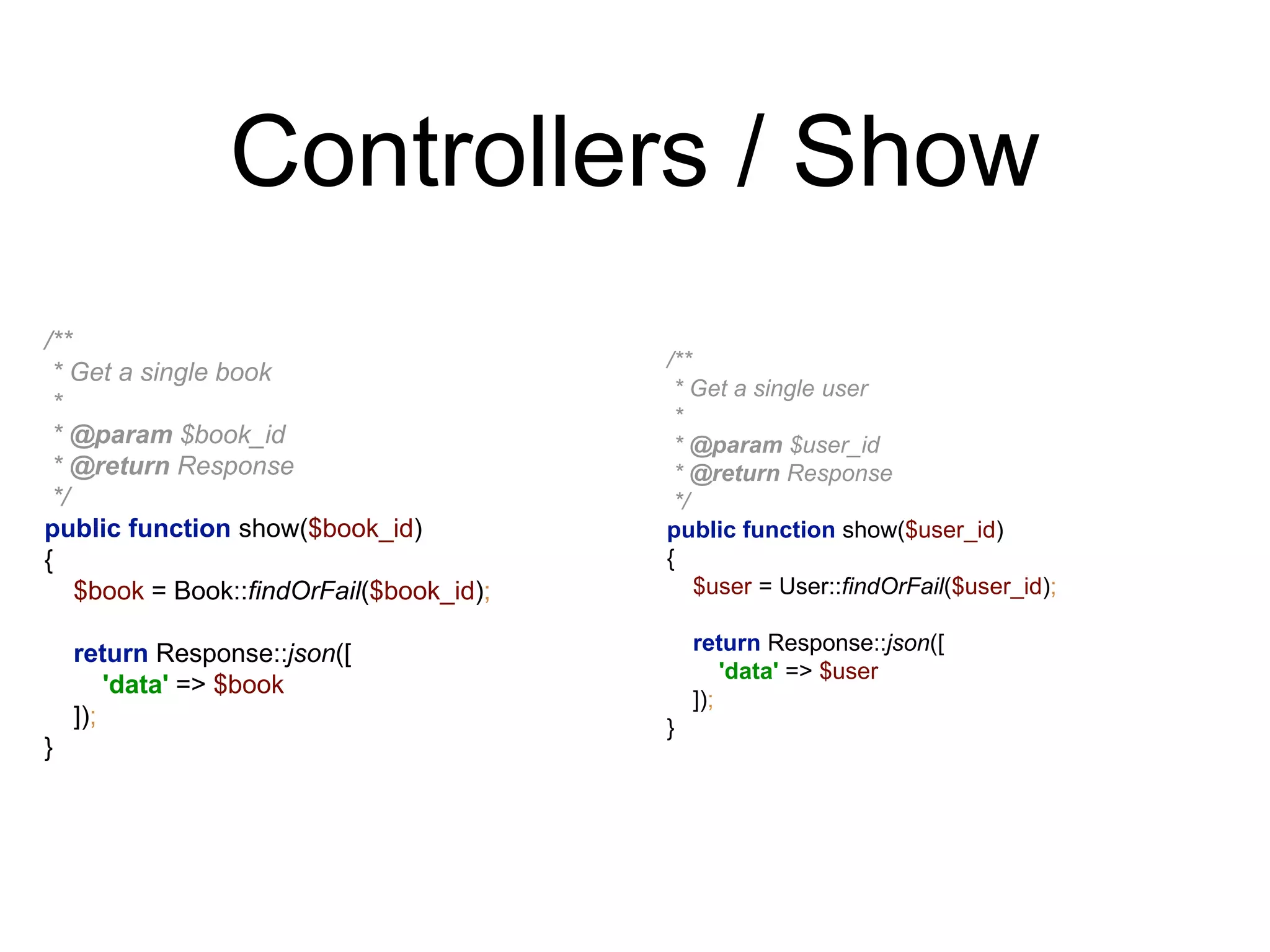 Controllers / Show 
/** 
* Get a single user 
* 
* @param $user_id 
* @return Response 
*/ 
public function show($user_id) 
{ 
$user = User::findOrFail($user_id); 
return Response::json([ 
'data' => $user 
]); 
} 
/** 
* Get a single book 
* 
* @param $book_id 
* @return Response 
*/ 
public function show($book_id) 
{ 
$book = Book::findOrFail($book_id); 
return Response::json([ 
'data' => $book 
]); 
} 
 