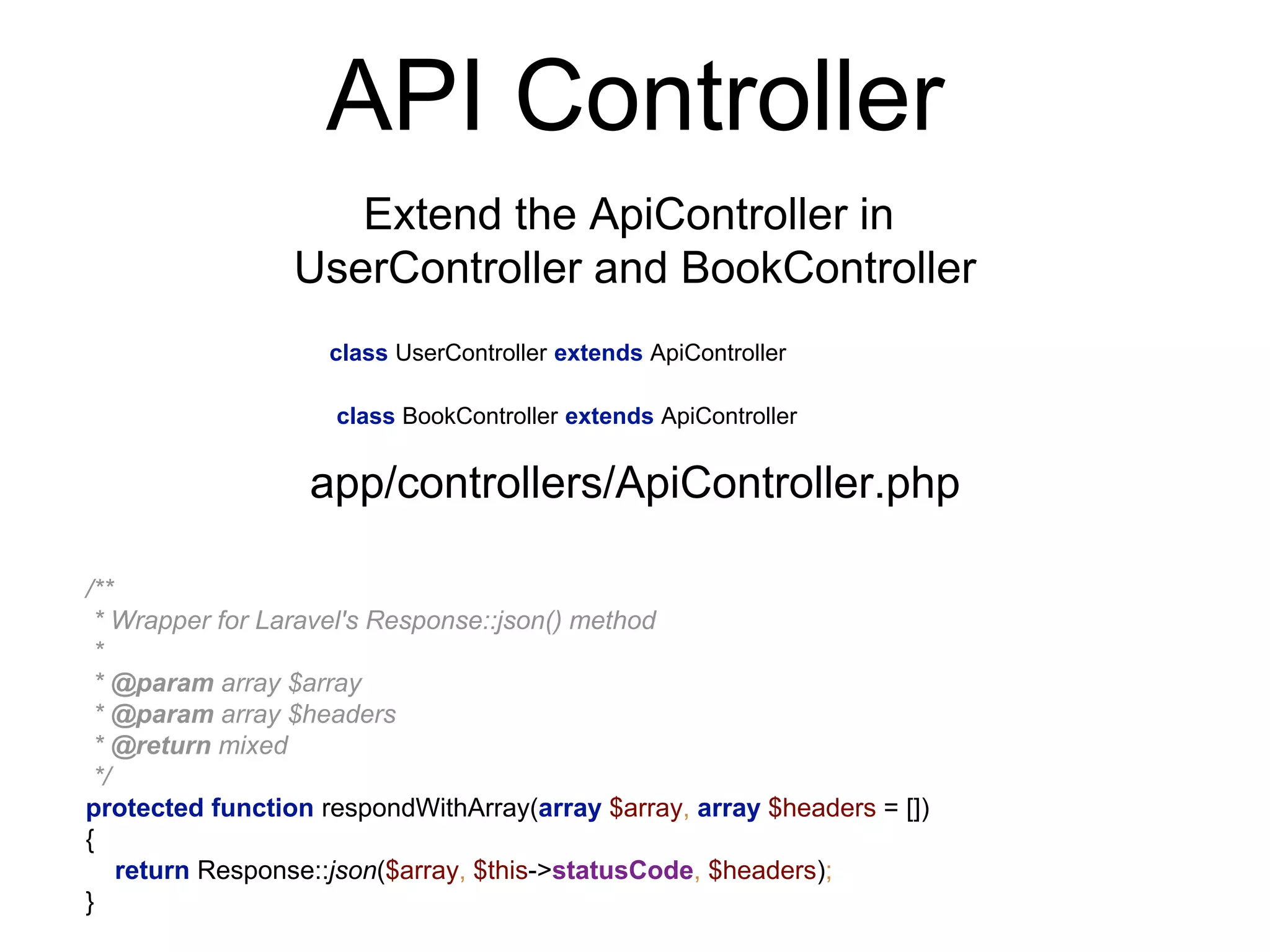 API Controller 
Extend the ApiController in 
UserController and BookController 
/** 
* Wrapper for Laravel's Response::json() method 
* 
* @param array $array 
* @param array $headers 
* @return mixed 
*/ 
protected function respondWithArray(array $array, array $headers = []) 
{ 
return Response::json($array, $this->statusCode, $headers); 
} 
class UserController extends ApiController 
class BookController extends ApiController 
app/controllers/ApiController.php 
 