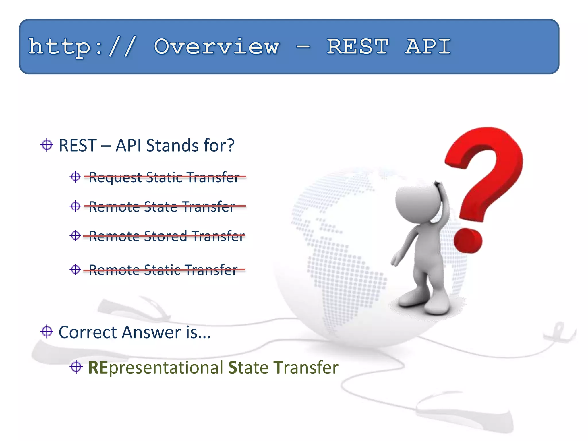 REST – API Stands for?
Request Static Transfer
Remote State Transfer
Remote Stored Transfer
Remote Static Transfer
Correct Answer is…
REpresentational State Transfer
 